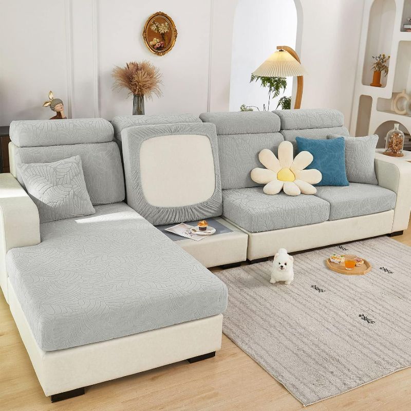 Photo 1 of 2024 New Wear-Resistant Universal Sofa Cover, Stretch Couch Cushion Slipcovers Replacement, Anti-Slip L Shape Sofa Covers, Chaise Lounge Sofa Slipcover (Leaves Light Grey,Large Single Seat Cover)