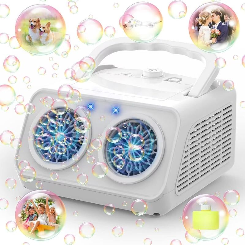 Photo 1 of Bubble Machine, Automatic Bubble Blower Dual Motors 20000+ Bubbles Per Minute for Kids Toddlers, 2 Modes No Spill Electric Bubble Maker Toys with 120ml Solution for Outdoor Party Wedding