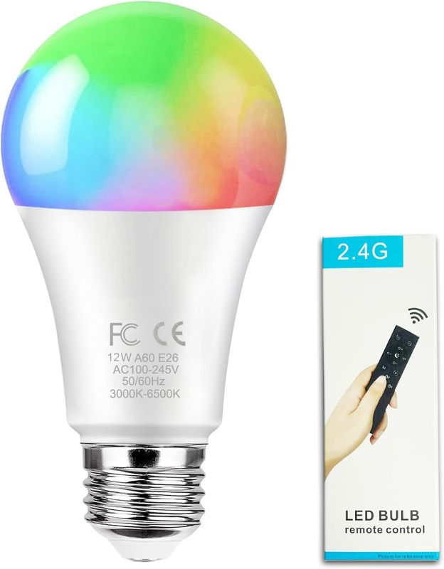 Photo 1 of GRV 12W A60 Smart Light Bulb with a 2.4GHz remote control,RGBCW Color Changing Led Bulb,Stepless Dimmable 3000-6500K,100W Incandescent Lamp Equivalent,1000LM CRI>80,E26 Base,Home Decor,1 Bulb & Remote