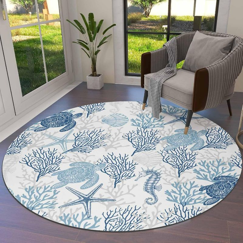 Photo 1 of Coral Turtle Round Area Rug 3ft,Washable Carpet Runner Rug for Bedroom,Kitchen,Bathroom,Living/Dining/Laundry Room,Area+Rug Small Bath Door Desk Floor Mat Summer Ocean Coastal Shell Starfish Seahorse