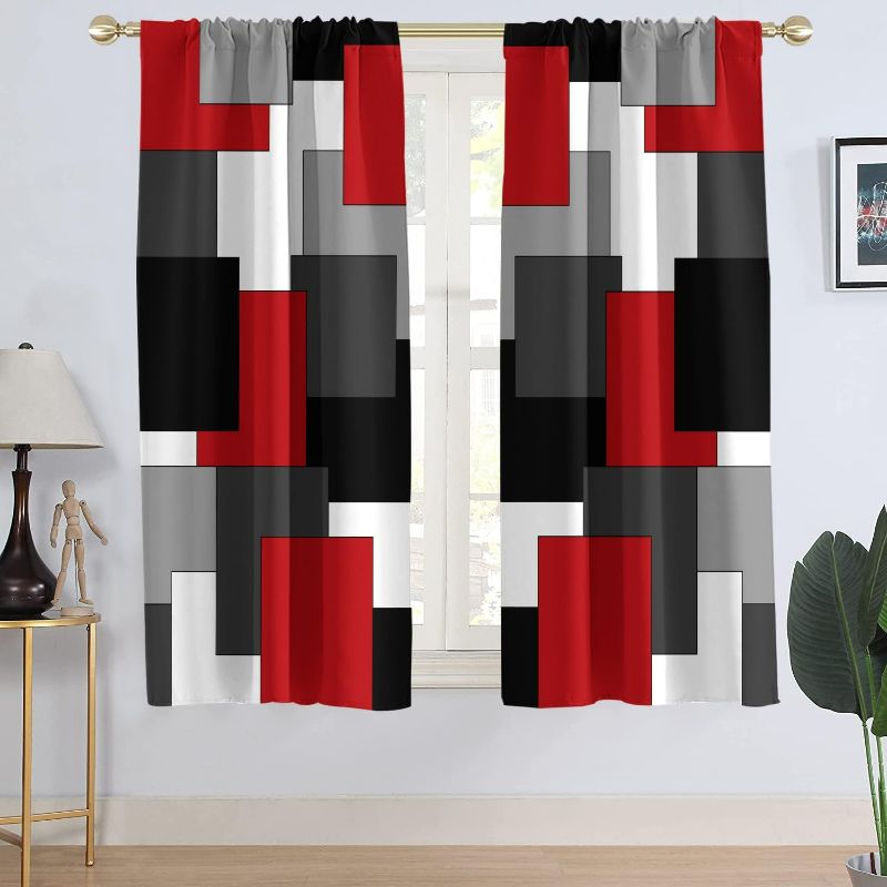 Photo 1 of AAtter Red and Black Window sheer Curtain Grey Gray White Multicolor Geometric Silver Dark Abstract Square Art Living Room Bedroom Window Drapes Treatment Fabric 1 Pair Home Decor, 42" W x 63" L, Modern