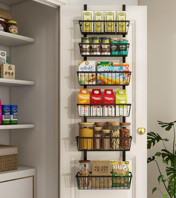 Photo 1 of 13.8" W Narrow Over The Door Pantry Organizer, Pantry Organization and Storage, Black Metal Hanging Deep Basket Wall Spice Rack Seasoning Shelves, Home & Kitchen Essentials, Small Apartment