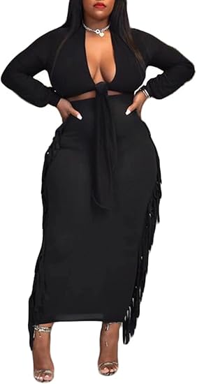 Photo 1 of XL Two Piece Club Outfit for Women Long Sleeve Crop Top Blouse Fringe Bodycon Pencil Skirt 