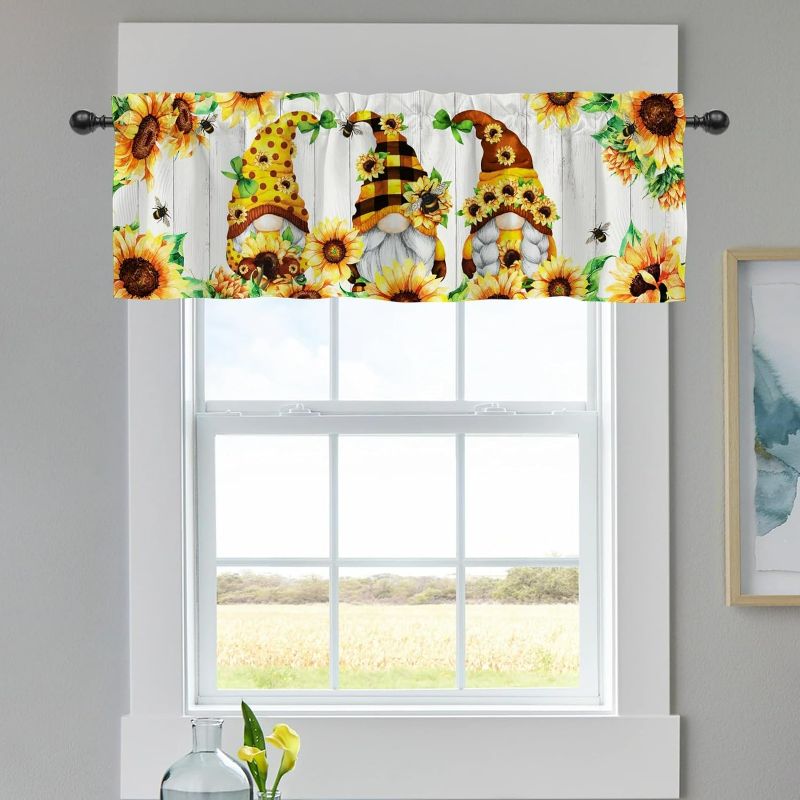 Photo 1 of Spring Summer Bee Gnome Sunflower Curtains Valance for Windows, Seasonal Flower Polka Dot Plaid Short Half Topper Rod Pocket, Farmhouse Home Living Room Bedroom Door Decor 54