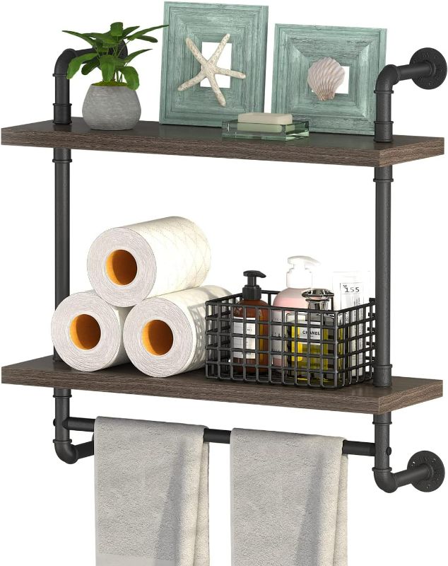 Photo 1 of Helsin 2 Tier Wood Floating Shelves Towel Rack, Industrial Pipe Bathroom Shelves Wall Mounted with Towel bar, Wall Display Storage Shelf for Home & Bathroom Decor (white, 24inch)