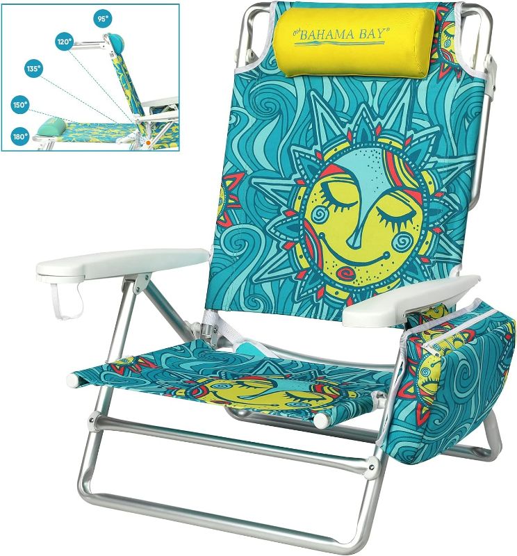 Photo 1 of Sun Beach Chair for Sunbathing | Backpack, Reclining, 5-Position, Lay Flat, Cooler Bag | Heavy Duty | 400 LBS | Portable, Folding, Lightweight