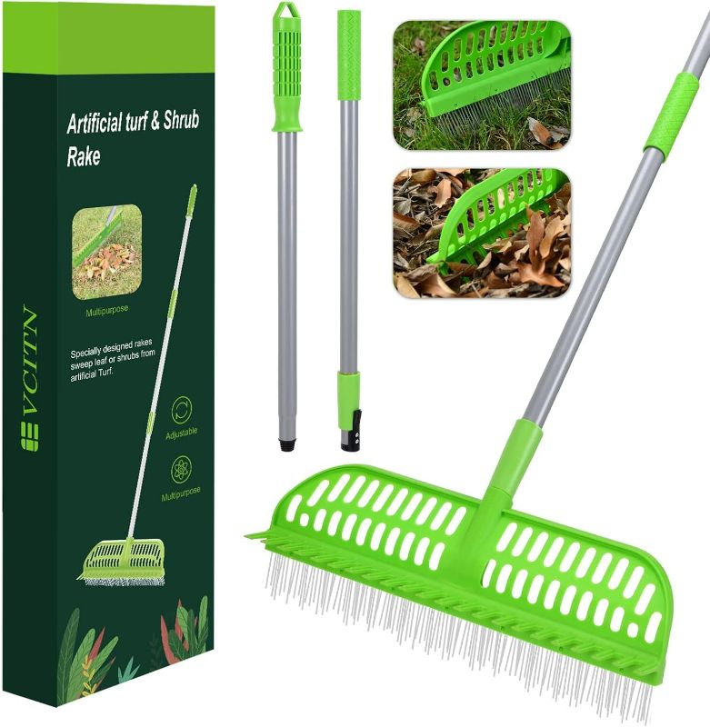 Photo 1 of Artificial Turf Rake, 43 to 63" Long Pole Turf rake - 18" Wide Garden Hand Broom Rake for Lawn, Synthetic Grass, Carpet, Shrub, Remove Leaves, Debris, Pet Hairs (Light Green)