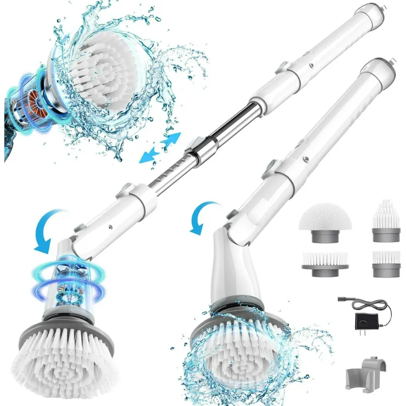 Photo 1 of Electric Spin Scrubber, Shower Scrubber Cordless with 4 Replacement Head, 1.5H Electric Scrubber for Cleaning with Long Handle for Bathroom, Grout, Tub, Tile, Floor (White)