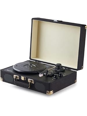 Photo 1 of Amazon Basics Portable Suitcase Vinyl Turntable Record Player with Built-in Speakers and Bluetooth, Supports 3-Speed, Black