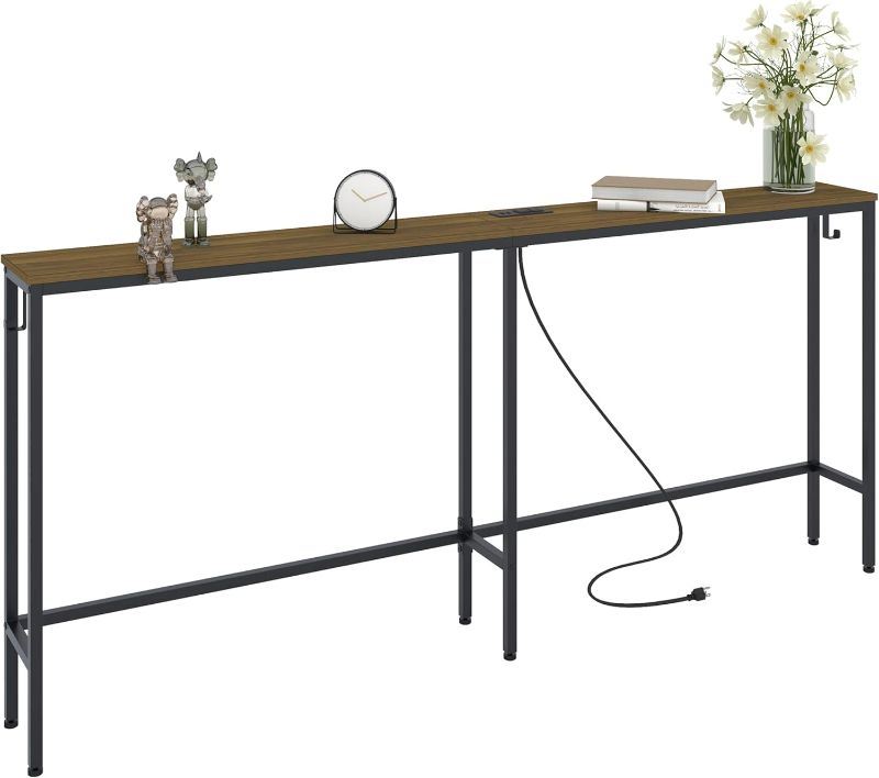 Photo 1 of 
7.9” Narrow Console Table with Outlet, 70.9” Skinny Sofa Table Narrow Long Behind Couch, Industrial Narrow Table with Hooks for Hallway, Entryway and Living Room
