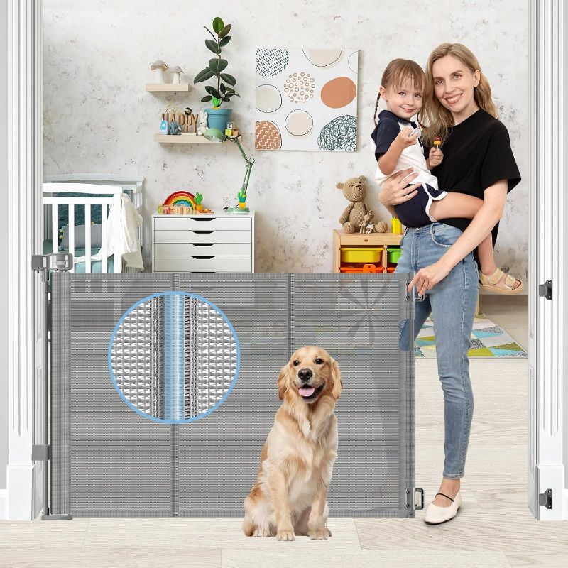 Photo 1 of Reinforced Retractable Baby Gates with Support Rods, Retractable Gate for Babies and Pets Prevent Bottom Crawling Through, Extends up to 55” Wide, Mesh Dog Gate for The House Indoor Outdoor, Gray