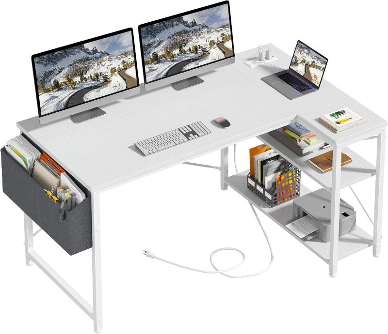 Photo 1 of EnHomee 47" Computer Desk with Power Outlets,L Shaped Desk with Storage Shelves,Home Offic Corner Desk for Work,Writing Study Desk with Gaming Desk for Bedroom Office Dorm,White