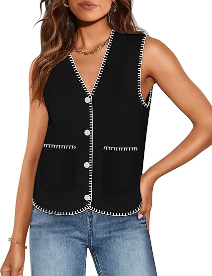 Photo 1 of (L) ZESICA Womens Sleeveless Sweater Vest V Neck Knit Button Down Shirts Casual Loose Crop Tank Tops (size Large)