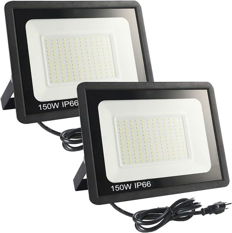 Photo 1 of 2Pack 150W LED Flood Light Outdoor,15500LM LED Work Light with US Plug,6000K Daylight White,IP67 Waterproof Outdoor Floodlights for Yard,Garden,Playground