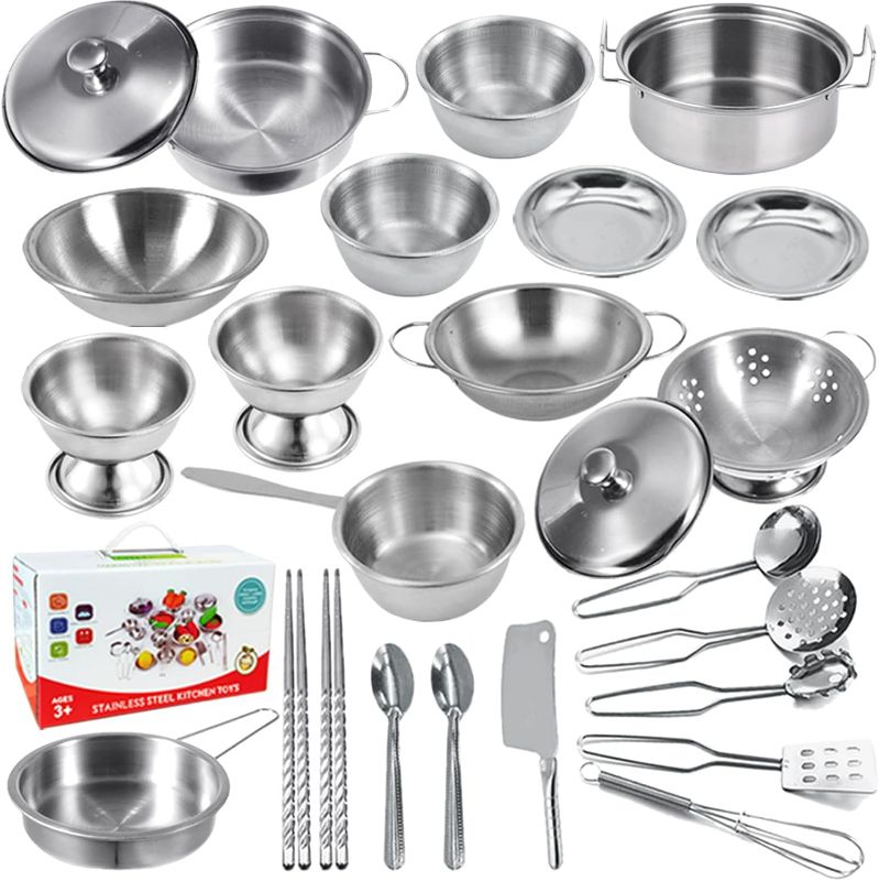 Photo 1 of Classic Stainless Steel Kitchen Toys Cooking Utensils Set-Pretend Play Pots Pans Toy Cookware Kits for Kids Cooking Utensil Set Interactive Learning Role Play Educational Toys for Toddlers Mini Size