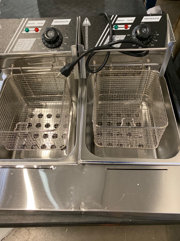 Photo 2 of Commercial Deep Fryer - 3400W Electric Deep Fryers with 2x6.35QT Baskets 0.8mm Thickened Stainless Steel Countertop Oil Fryer 20.7QT Large Capacity with Temperature Limiter (12L)