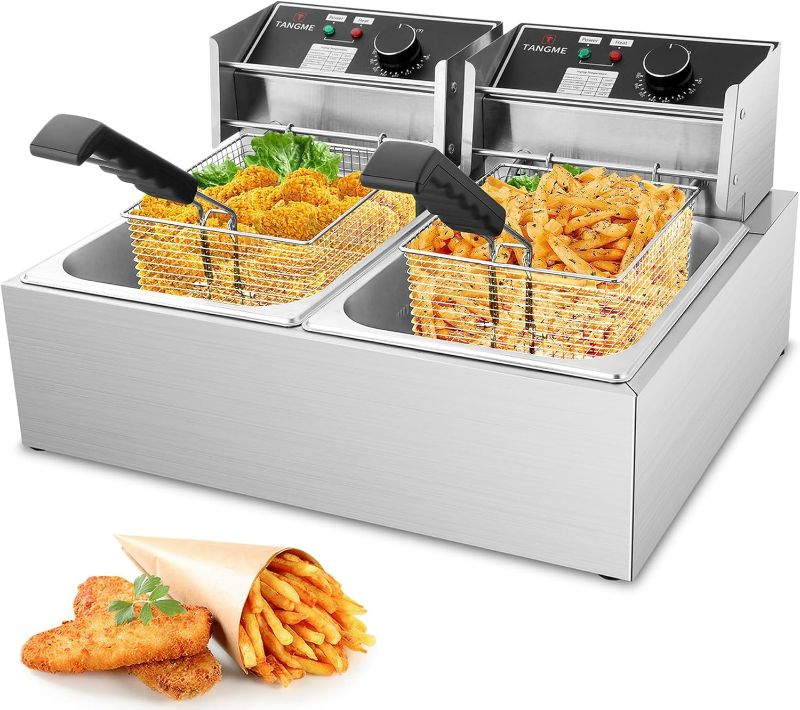 Photo 1 of Commercial Deep Fryer - 3400W Electric Deep Fryers with 2x6.35QT Baskets 0.8mm Thickened Stainless Steel Countertop Oil Fryer 20.7QT Large Capacity with Temperature Limiter (12L)