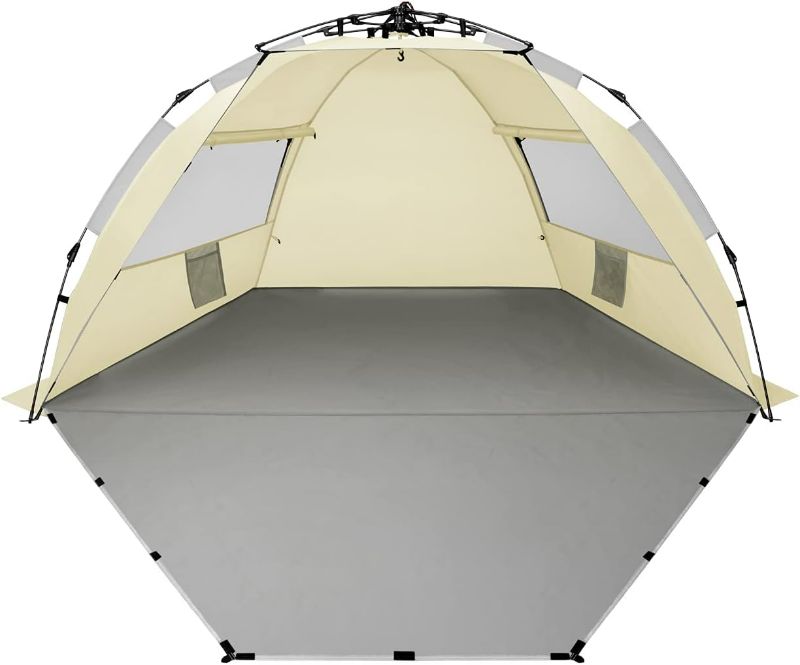 Photo 1 of Oileus X-Large 4 Person Beach Tent Sun Shelter - Portable Sun Shade Instant Tent for Beach with Carrying Bag, Stakes, 6 Sand Pockets, Anti UV for Fishing Hiking Camping, Waterproof Windproof, Khaki
