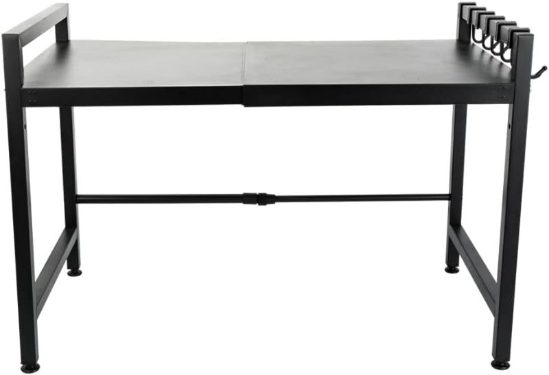 Photo 1 of BAOYOUNI Microwave Oven Rack Stand Extendable Over Toaster Baker Shelf Metal Bathroom Kitchen Storage Organizer with Hooks for Cabinet, Counter, Under Sink - Adjustable Width & Layer Height - Black