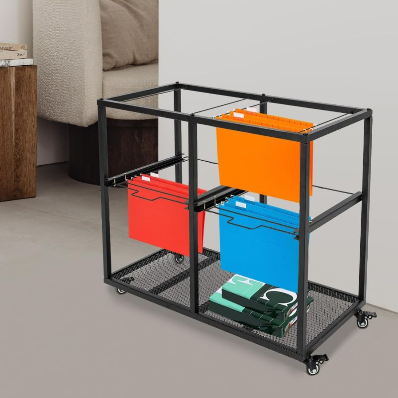 Photo 1 of 2 Tiers 2 Column Metal Rolling File Carts with Wheels Hanging Files for Letter Size Heavy Duty Movable Pull-Out File Folder Rack Drawer File Cabinet for Home Office Conference Room (missing screws)