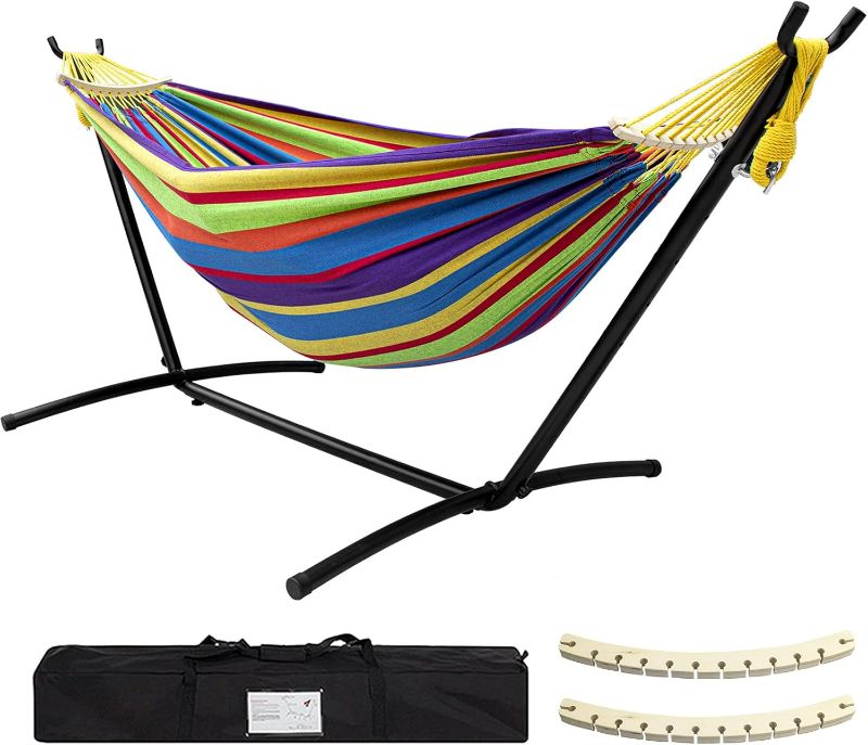 Photo 1 of SZHLUX Double Hammock with Stand Included 450lb Capacity Steel Stand, Premium Carry Bag Included and Two Anti Roll Balance Beam