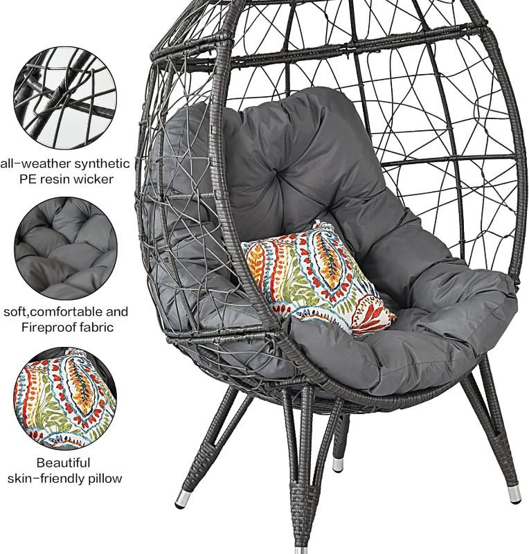 Photo 1 of Patio Wicker Egg Chair, Oversized Indoor Outdoor Lounger with Stand for Living Room, Backyard, Balcony, Patio, 400lb Capacity black with grey cushion