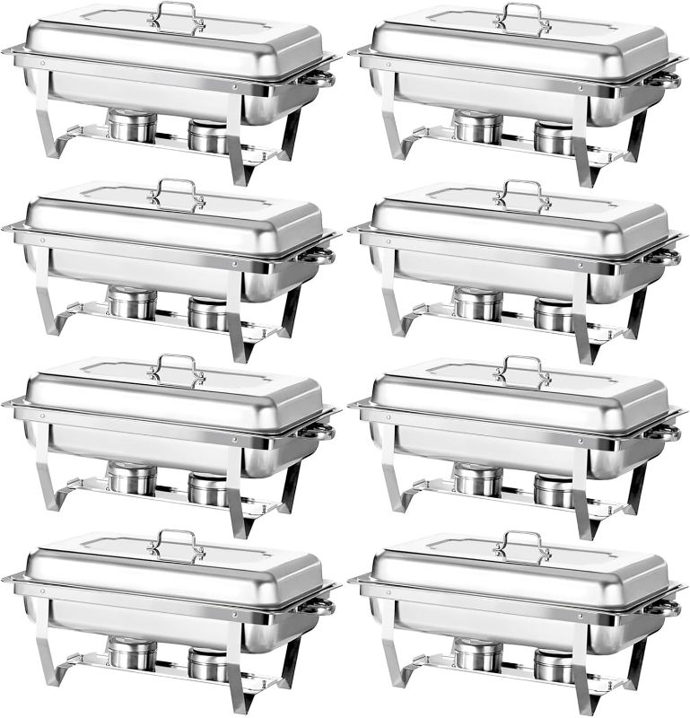 Photo 1 of 8 Qt 8 Pack Full Size Stainless Steel Chafing Dishes Buffet Set, Silver Rectangular Catering Chafer Warmer Set with Trays Pan Lid Folding Frame Stand for Kitchen Party Banquet Dining