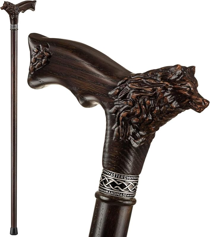 Photo 1 of Custom Carved Walking Cane for Men - Wolf Fenrir - Fancy Men's Wood Cane Unique Walking Stick 