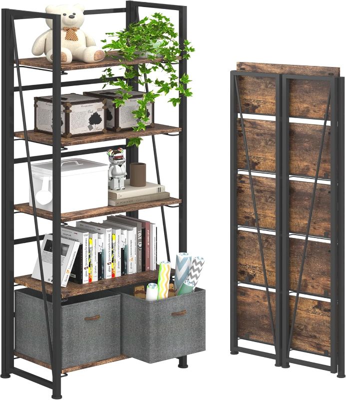 Photo 1 of IRONCK Bookshelves and Bookcases, 31.5in Wide Shelf 5-Tier Ladder Shelf 110lbs/shelf Vintage Industrial Style Bookcase for Bedroom Living Room Home, Vintage Brown