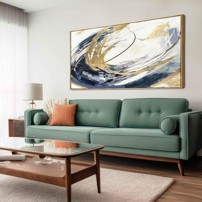 Photo 1 of Blue And Gold Artwork Abstract Wall Art Gold Framed Line Art Wall Decor 24"x 48"Modern Art for Bedroom Kitchen