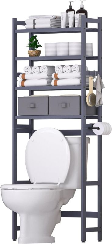 Photo 1 of Over The Toilet Storage with 2 Baskets,4-Tier Bamboo Over Toilet Organizer Rack with Paper Holder & 4 Hooks & Waterproof Feet Pad,Freestanding Above Toilet Shelf for Bathroom(Grey)