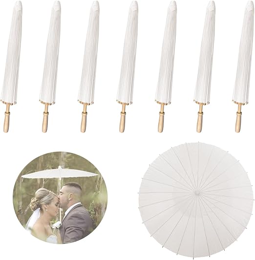 Photo 1 of 7 Pack Paper White Wedding Umbrella,33 Inch White Umbrella for Wedding,Simple and Exquisite Oil Paper Chinese Umbrella,Parasol Umbrella for Wedding Decor DIY Colorful Stage Props