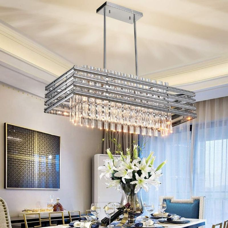 Photo 1 of TZOE Dining Room Chandelier,Modern Rectangle Pendant Light,Crystal Chandelier,L29.1" x W11.4" x H48.5",6 Light, Adjustable Height,Polished Chrome,UL Listed