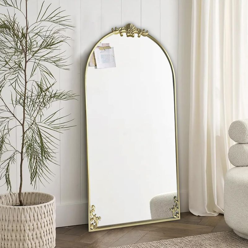 Photo 1 of POZINO Vintage Arched Mirror, Large Gold Ornate Mirror, Baroque Antique Mirrors, Traditional Carved Wall Mirrors for Living Room Mantel Bathroom Bedroom Entryway, 22"x47"