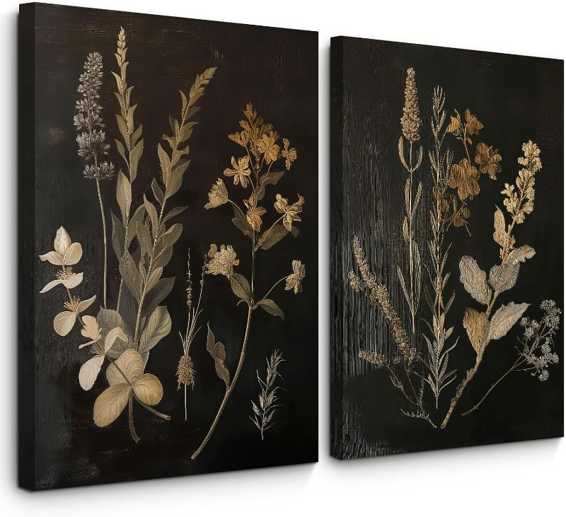 Photo 1 of Vintage Floral Wall Art Decor Black Botanical Canvas Art Moody Flower Wall Art Dark Academia Poster Painting Vintage Floral Prints Pictures for Bedroom Living Room 16x24 Inch Set of 2 Framed