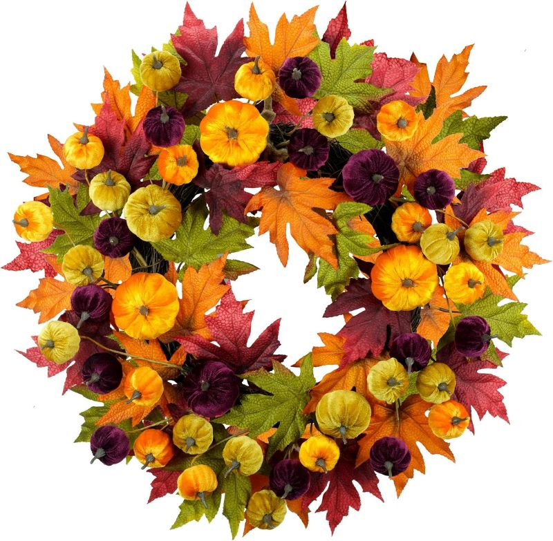 Photo 1 of YULETIME 24" Fall Wreath, Artificial Autumn Wreath with Red, Orange, Green Maple Leaves and Orange, Purple, Green-Yellow Pumpkins (Pumpkin & Maple Leaf)