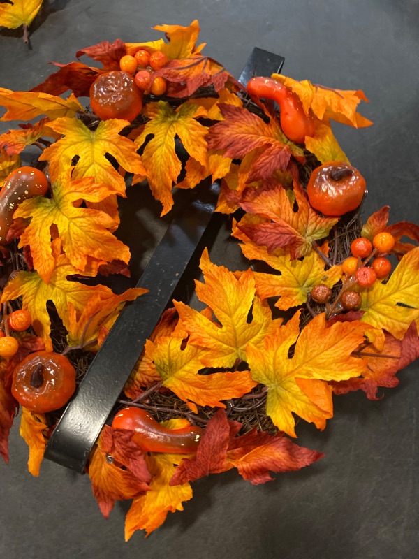 Photo 1 of YULETIME 24" Fall Wreath, Artificial Autumn Wreath with Red, Orange, Green Maple Leaves and Orange, Purple, Green-Yellow Pumpkins (Pumpkin & Maple Leaf)