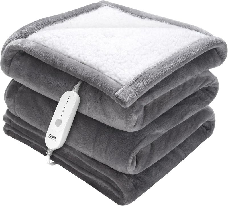 Photo 1 of VEVOR Heated Blanket Electric Throw, 50" x 60" Twin Size, Soft Flannel & Sherpa Heating Blanket with 3 Hours Timer Auto-Off, 5 Heating Levels, Machine Washable, ETL & FCC Certification (Grey)