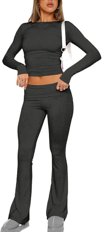 Photo 1 of Size (small) Women's 2 Piece Lounge Set Tight Crop Tops Fold Over Pant Set Travel Airport Outfits Comfy Yoga Tracksuits Black