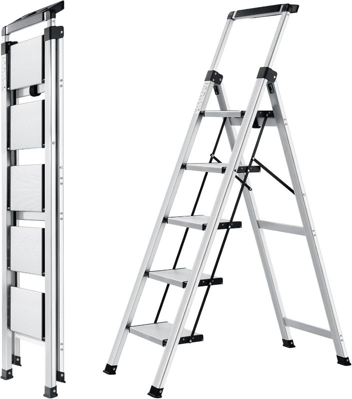 Photo 1 of XinSunho 5 Step Ladder, Retractable Handgrip Folding Step Stool with Anti-Slip Wide Pedal, Aluminum Stool Ladders 5 Steps, 330lbs Safety Household Ladder