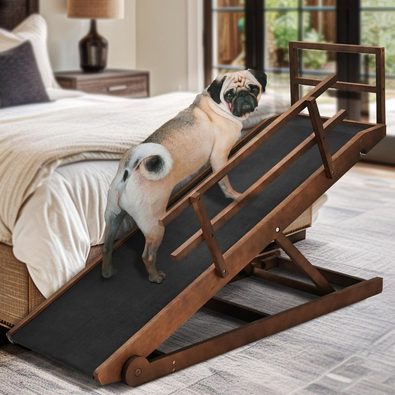 Photo 1 of Dog Ramp for Bed, Adjustable Pet Ramps for Dog to Get on Bed, Non-Slip Rubber Surface - Folding Wooden Dog Ramp for Small/Large/Old Dogs, Adjustable up to 23.5 inch High Beds, Safety Railings