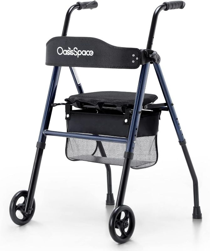 Photo 1 of OasisSpace Folding Walker with Seat, 6” Front Wheel Walkers for Senior, 3 in 1 Adult Standard Walker with Backrest & Storage Bag Support up to 300lbs Blue