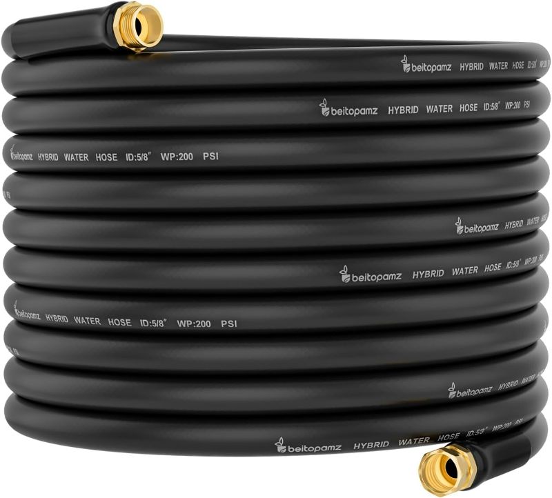 Photo 1 of 100 ft Garden Hose, 5/8 in Heavy Duty Water Hose 100ft, Flexible No Kinks, Lightweight Hybrid Hose, Solid Fittings Leakproof Rubber Leader Hose for Patio, Lawn & Garden, BT100, Black