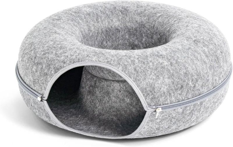 Photo 1 of Donut Bed Tunnel for Cats and Kittens, Soft Plush Fleece Lining, Removable Washable Cover, Gray (24 inch, Light Gray)