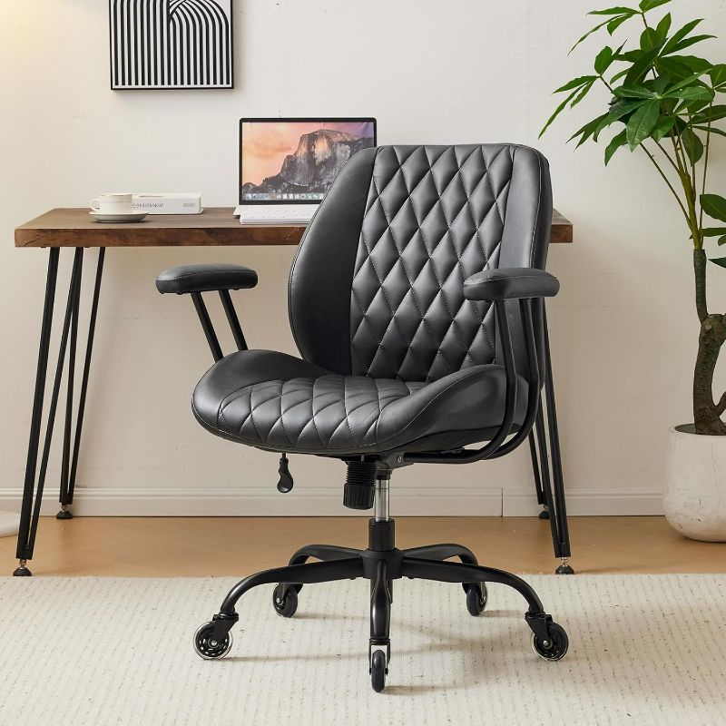 Photo 1 of Home Office Desk Chair Office Rubber Chair Casters Ergonomic Computer Chair with Lumbar Support Adjustable Height Rolling Swivel Chair Executive Task Armrests Chair? Black PU