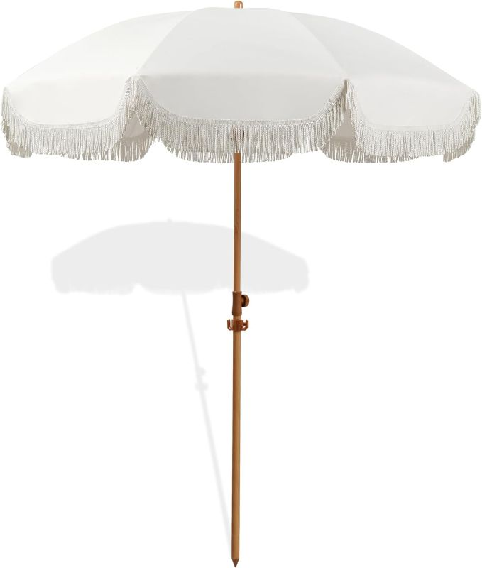 Photo 1 of 6.5ft Patio Umbrella with Fringe, Beach Umbrella, Fringe Umbrella Outdoor Patio with Hanging Hook, Tilting Aluminum Pole, UV 50+, Fiberglass Ribs, Elegant Cream