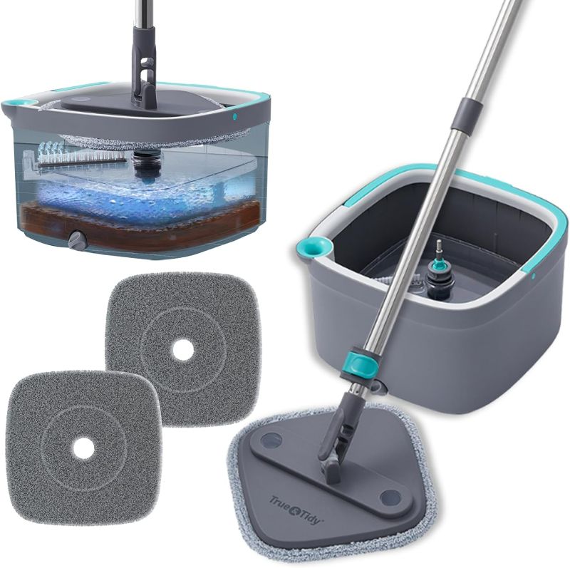 Photo 1 of (RED) Square Spin Mop and Bucket Smart Floor Mop with Separate Compartments for Clean and Dirty Water, Self Cleaning with 2 Machine Washable Mop Pads, Always Clean Floors with Clean Water 