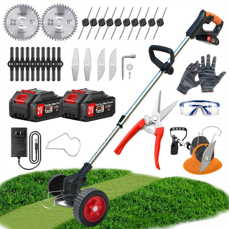 Photo 1 of Electric  Wacker Eater Battery Powered, 21V/2Ah Cordless Weed Trimmer with 5Types Blades & 2 Battery & Charger &Wheels, Lightweight Stringless Grass Trimmer/Brush Cutter/Mini-Mower for Yard Garden