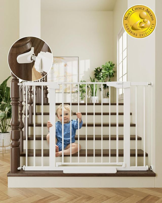 Photo 1 of Cumbor 29.7-46" Baby Gate for Stairs, Mom's Choice Awards Winner-Auto Close Dog Gate for the House, Easy Install Pressure Mounted Pet Gates for Doorways, Easy Walk Thru Wide Safety Gate for Dog, White