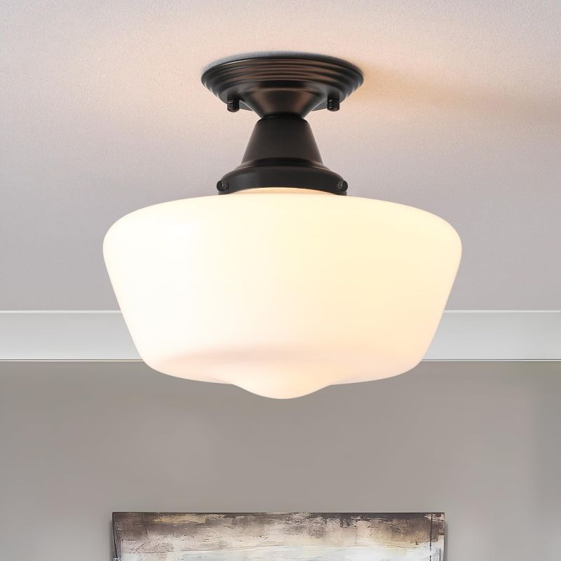 Photo 1 of Schoolhouse Light Fixture, 12 Inch Black Finish with Milk Glass Semi Flush Mount Ceiling Light, Ceiling Light Fixture for Kitchen Hallway Entryway